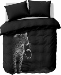 Y-NOT - Black&White Leopard - Dekbedovertrek - Katoen-Satijn - Tweepersoons - 200x200/220 cm - Zwart
