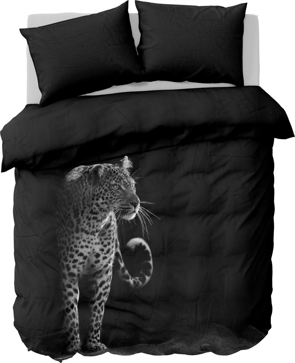Y-NOT - Black&White Leopard - Dekbedovertrek - Katoen-Satijn - Tweepersoons - 200x200/220 cm - Zwart