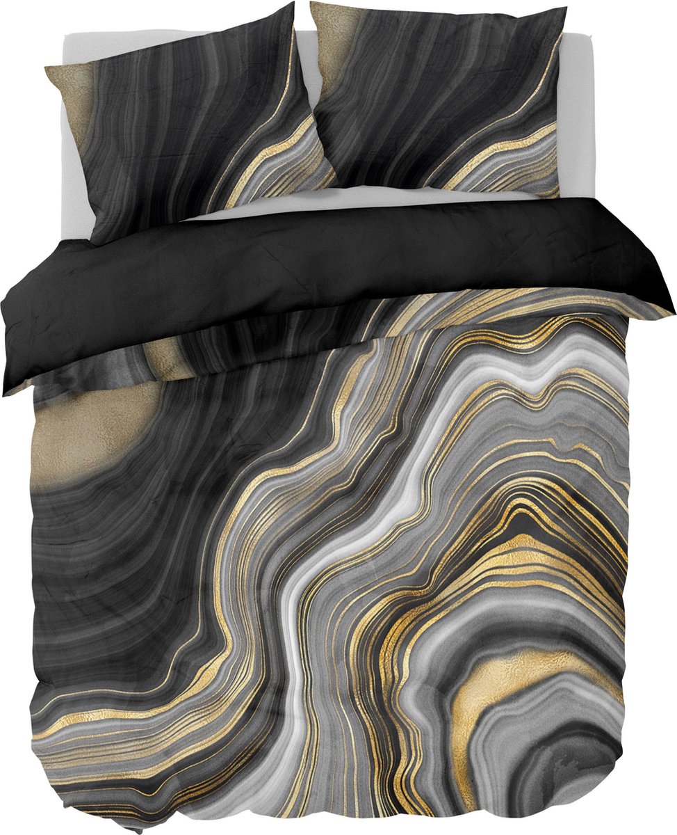 Y-NOT - Zwart Goud Marmer - Dekbedovertrek - Microvezel - Eenpersoons - 140x200/220 cm - Zwart, Goud