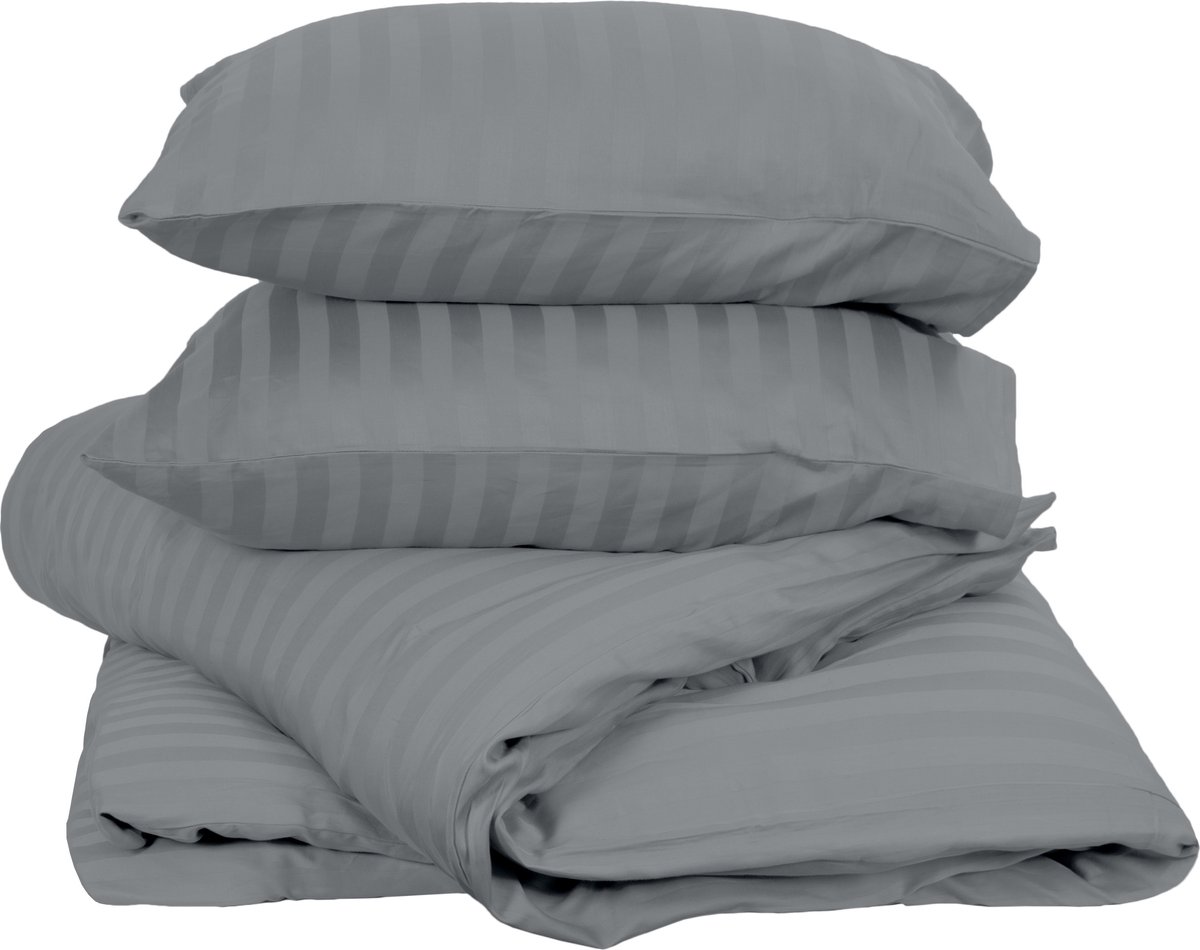 Ten Cate Hotellinnen Dekbedovertrek - Katoen Streep (2cm) Satijnen Tweepersoons Dekbedovertrekset - 200x200/220 - Zilver - inclusief twee bijpassende kussenslopen 60x70 cm
