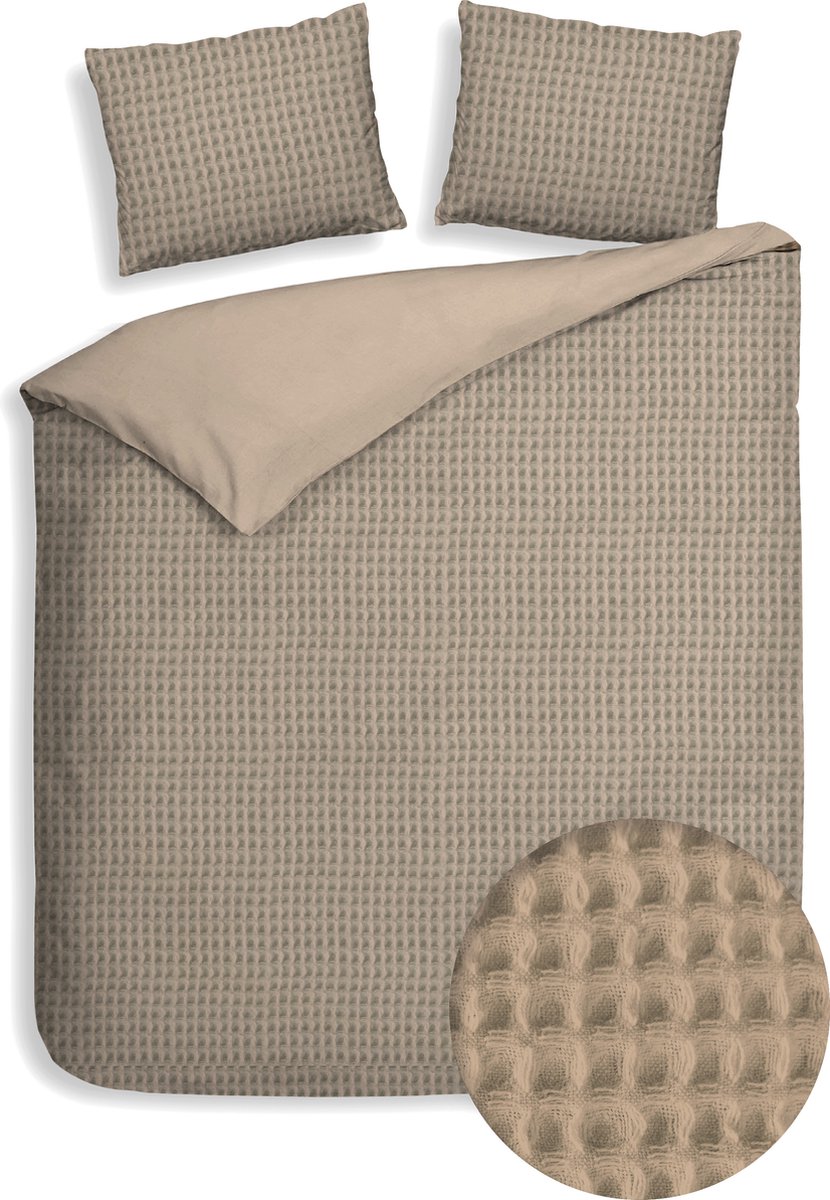 Premium dekbedovertrek wafel katoen khaki - 240x200/220 (lits-jumeaux) - stijlvol en tijdloos - zacht en ademend - extra fijn geweven - zware kwaliteit