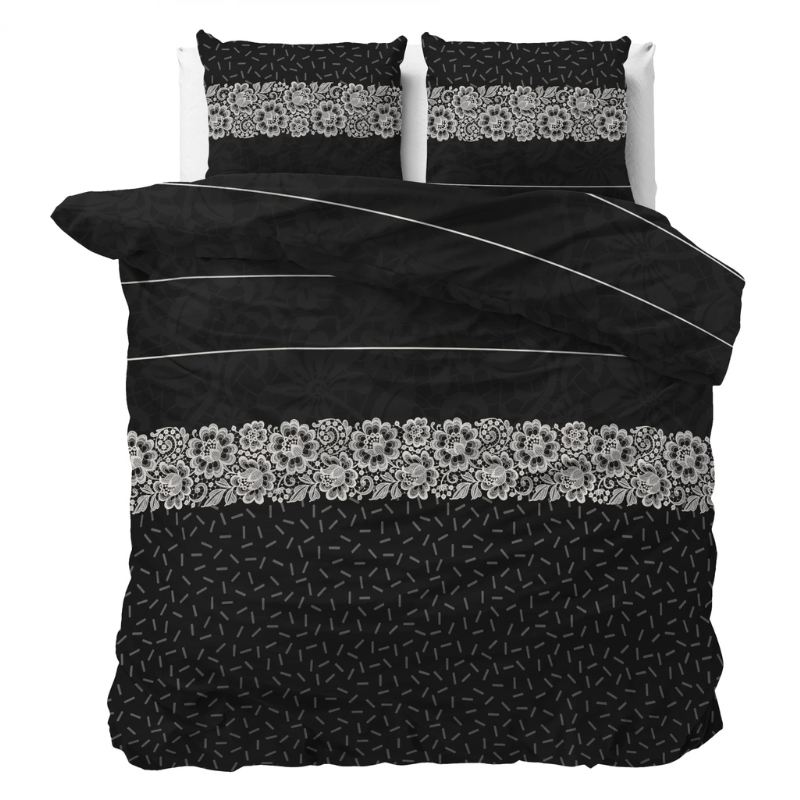 Dekbedovertrek Dervio - Antraciet - Lits-Jumeaux (240x220 Cm) - Antraciet Polyester-katoen - Strepen & Bloemen - Sleeptime Elegance - Dekbed-Discounter.nl
