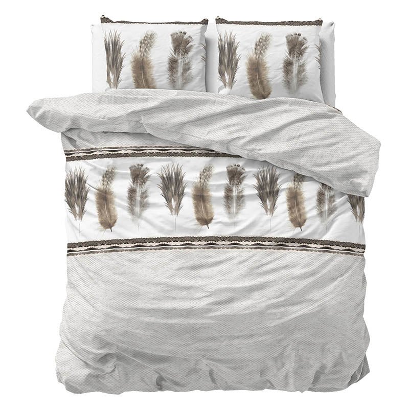 Dekbedovertrek Feathers - Tweepersoons (200x200 Cm) - Grijs Polyester-katoen - Tekst & Patroon - Sleeptime Elegance - Dekbed-Discounter.nl