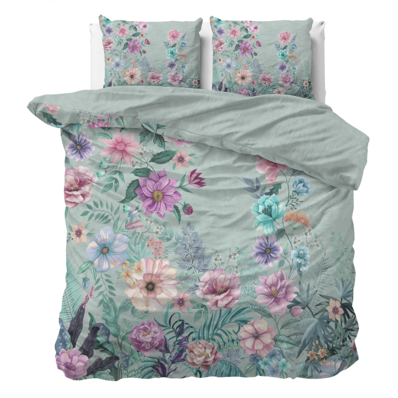 Dekbedovertrek Flore - Katoen - Tweepersoons (200x200 Cm) - Groen & Meerkleurig Katoen - Natuur & Bloemen - Dreamhouse - Dekbed-Discounter.nl