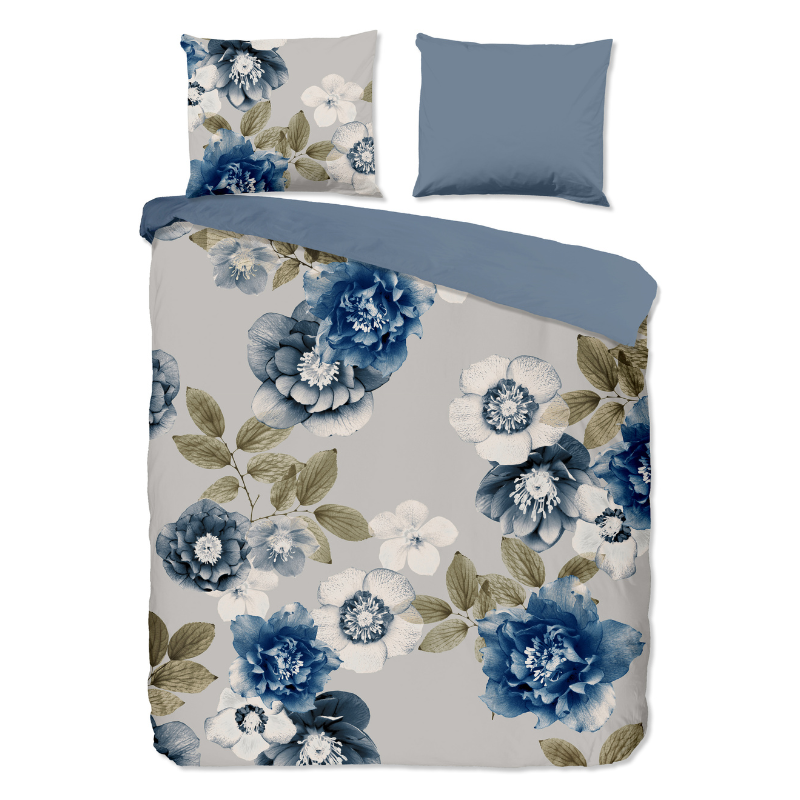 Dekbedovertrek Katoen Flanel - Gabin - Lits-Jumeaux (240x220 Cm) - Grijs & Blauw & Meerkleurig Katoen Flanel - Bloemen - Good Morning - Dekbed-Discounter.nl