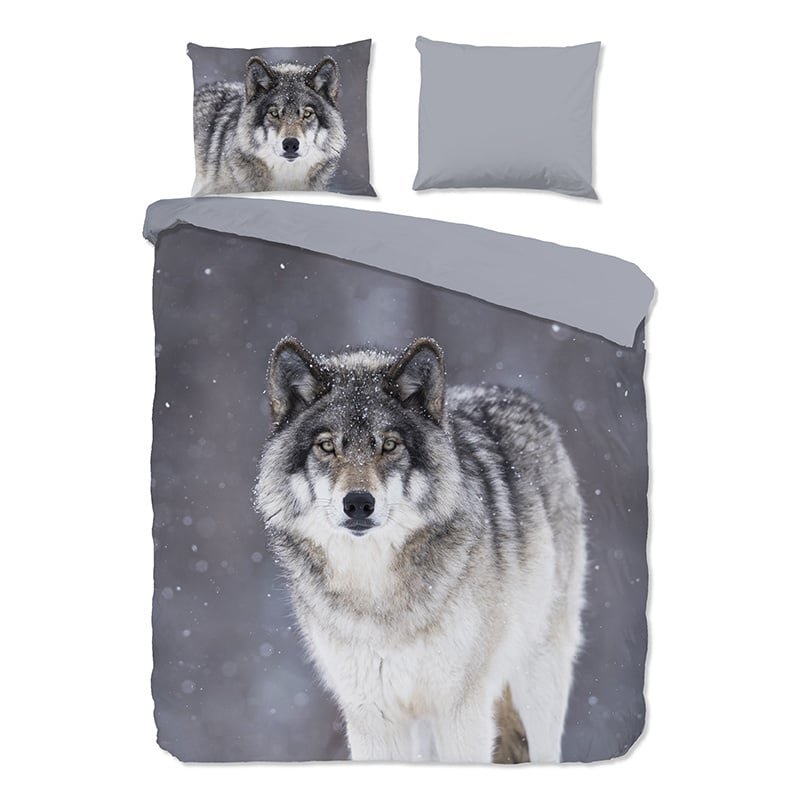 Dekbedovertrek Katoen-Flanel - Wolfie - Eenpersoons (140x200 Cm) - Wit & Grijs & Antraciet Katoen Flanel - Natuur & Dieren - Good Morning - Dekbed-Discounter.nl