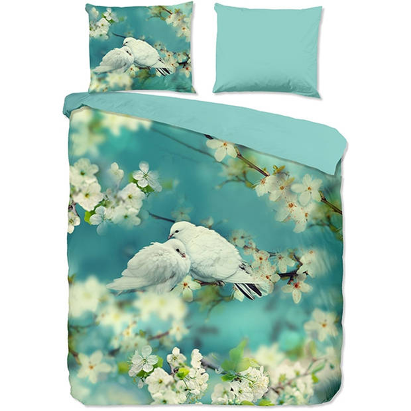 Dekbedovertrek Katoen - Lovebirds - Lits-Jumeaux (240x220 Cm) - Meerkleurig & Blauw Katoen - Natuur & Dieren & Bloemen - Good Morning - Dekbed-Discounter.nl
