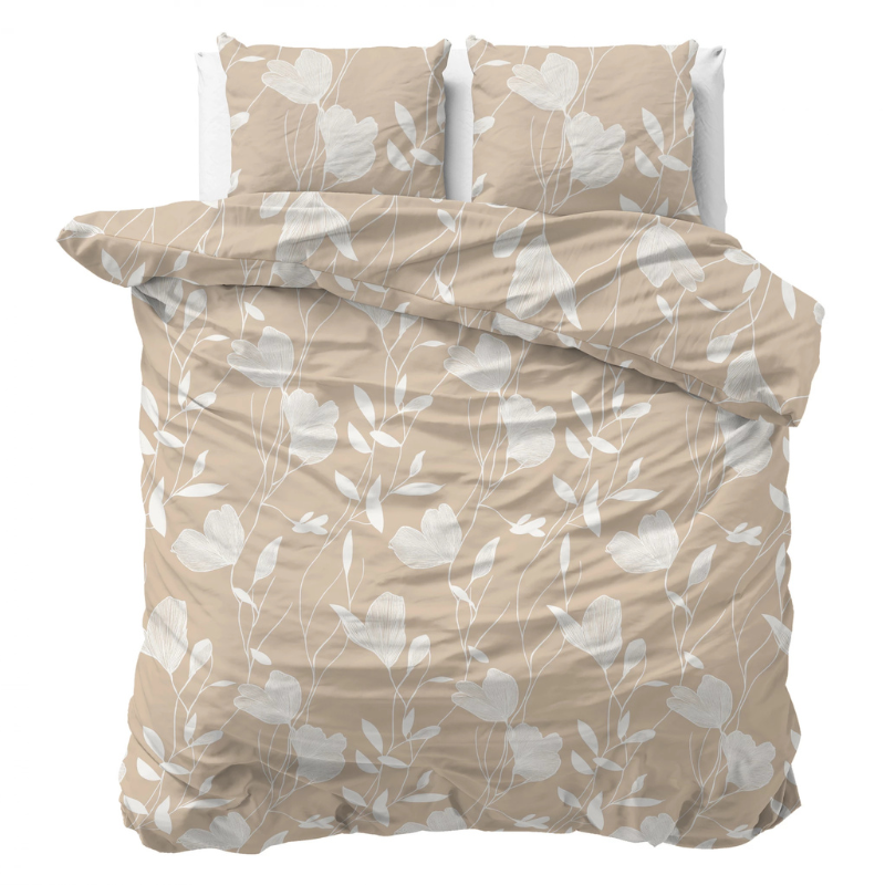Dekbedovertrek Katoen - Spring - Tweepersoons (200x200 Cm) - Beige & Wit Katoen - Bloemen - Sleeptime Pure - Dekbed-Discounter.nl