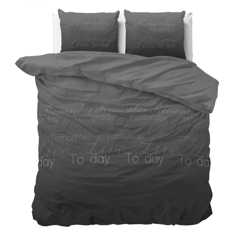 Dekbedovertrek Live Today - Antraciet - Lits-Jumeaux (240x220 Cm) - Wit Polyester-katoen - Patroon - Sleeptime Elegance - Dekbed-Discounter.nl