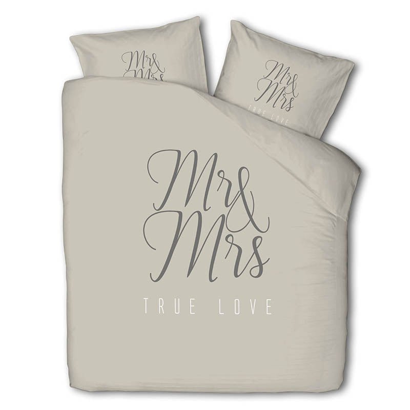 Dekbedovertrek Mr & Mrs - Tweepersoons (200x200 Cm) - Taupe Polyester-katoen - Tekst - Luna Bedding - Dekbed-Discounter.nl