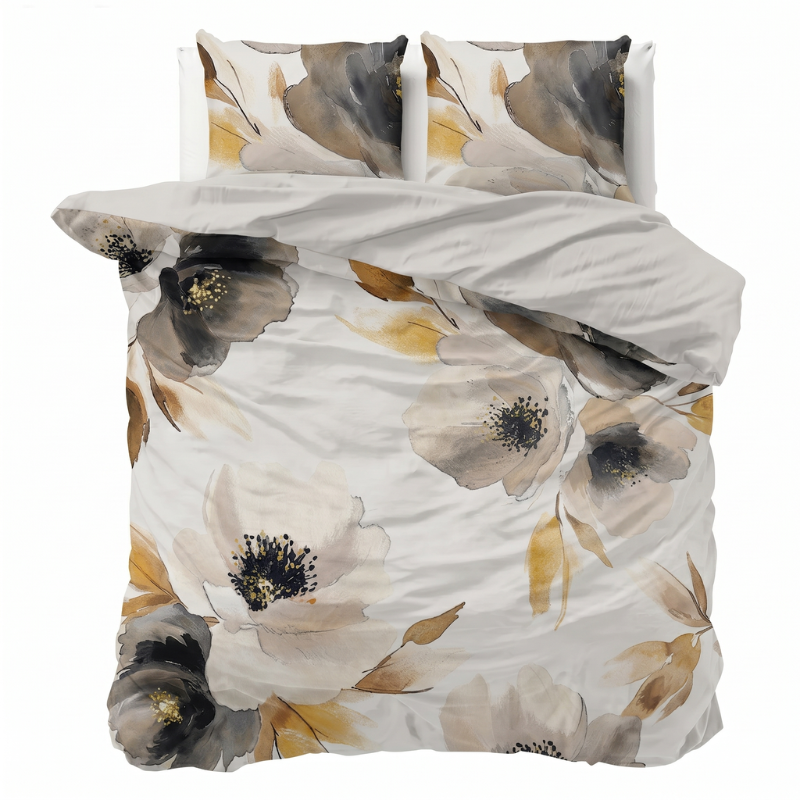 Dekbedovertrek Percale Katoen - Fields Of Gold - Tweepersoons (200x200 Cm) - Wit & Meerkleurig Percale Katoen - Effen - Presence - Dekbed-Discounter.nl