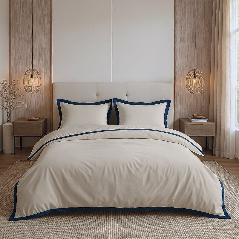 Dekbedovertrek Percale-Katoen - Hotel Emilio - Beige Navy - Eenpersoons (140x200 Cm) - Navy Percale Katoen Katoen - Hotel Luxe - Dreamhouse - Dekbed-Discounter.nl