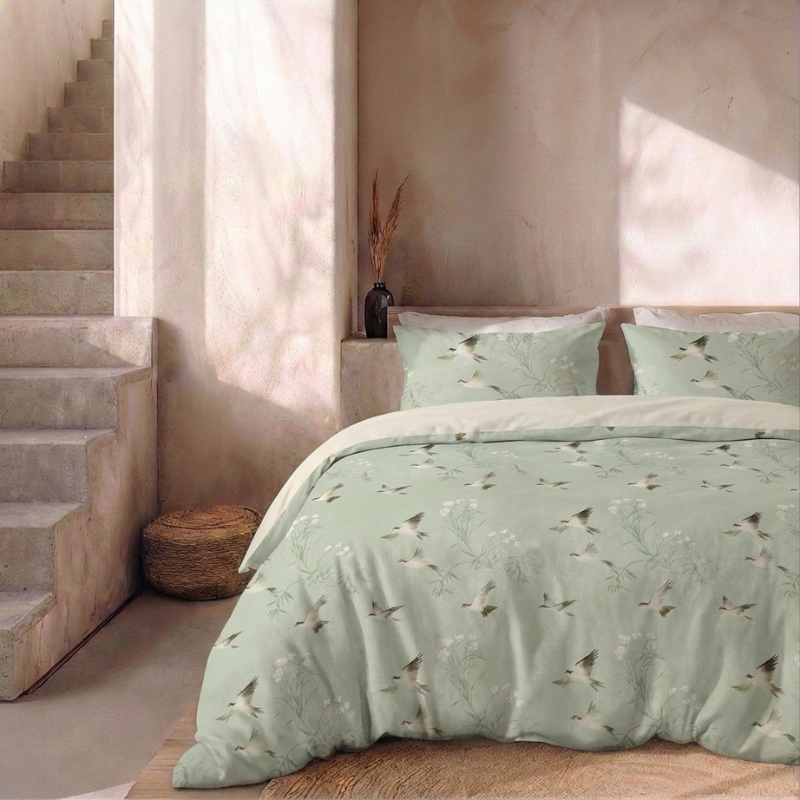 Dekbedovertrek Percale Katoen - Lotus Birds - Lits-Jumeaux (240x220 Cm) - Groen Percale Katoen - Effen - Presence - Dekbed-Discounter.nl