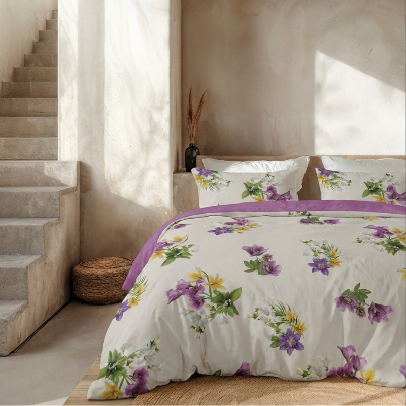 Dekbedovertrek Percale Katoen - Mini Gardenflower - Lits-Jumeaux (240x220 Cm) - Roze & Wit Percale Katoen - Effen - Presence - Dekbed-Discounter.nl