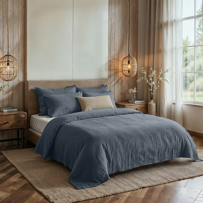 Dekbedovertrek Percale-Katoen - Mousseline - Navy - Tweepersoons (200x200 Cm) - Navy Percale Katoen Katoen - Effen - Dreamhouse - Dekbed-Discounter.nl