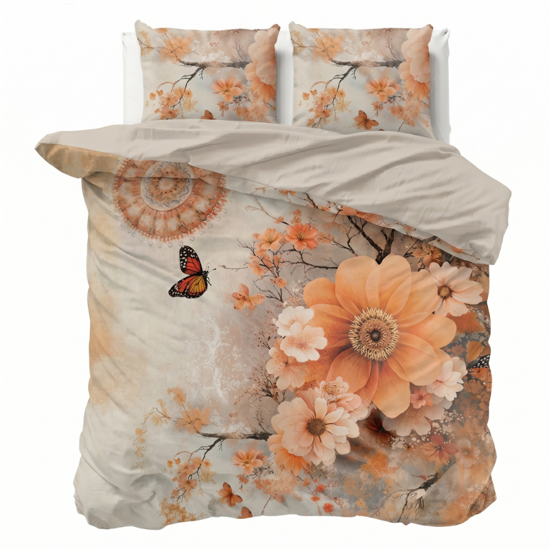 Dekbedovertrek Percale Katoen - Sakura Cascade - Tweepersoons (200x200 Cm) - Oranje & Meerkleurig Percale Katoen - Effen - Presence - Dekbed-Discounter.nl
