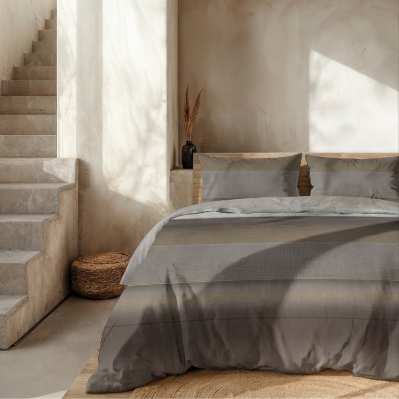 Dekbedovertrek Percale Katoen - Stripe Geometrie - Tweepersoons (200x200 Cm) - Grijs & Taupe Percale Katoen - Effen - Presence - Dekbed-Discounter.nl