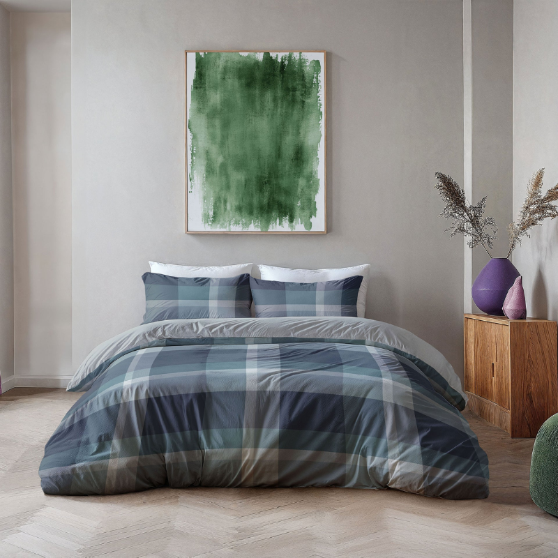 Dekbedovertrek Preppy Squares - Eenpersoons (140x200 Cm) - Blauw Microvezel - - Byrklund - Dekbed-Discounter.nl