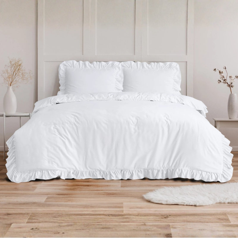 Dekbedovertrek Ruffles - Wit - Lits-Jumeaux (240x220 Cm) - Taupe Microvezel - Effen - Sleeptime Fresh - Dekbed-Discounter.nl