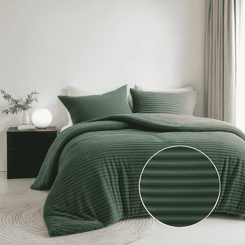 Dekbedovertrek Summer Teddy Rib - Groen - Eenpersoons (140x200 Cm) - Groen Microvezel Teddy - Strepen - Fresh And Co - Dekbed-Discounter.nl