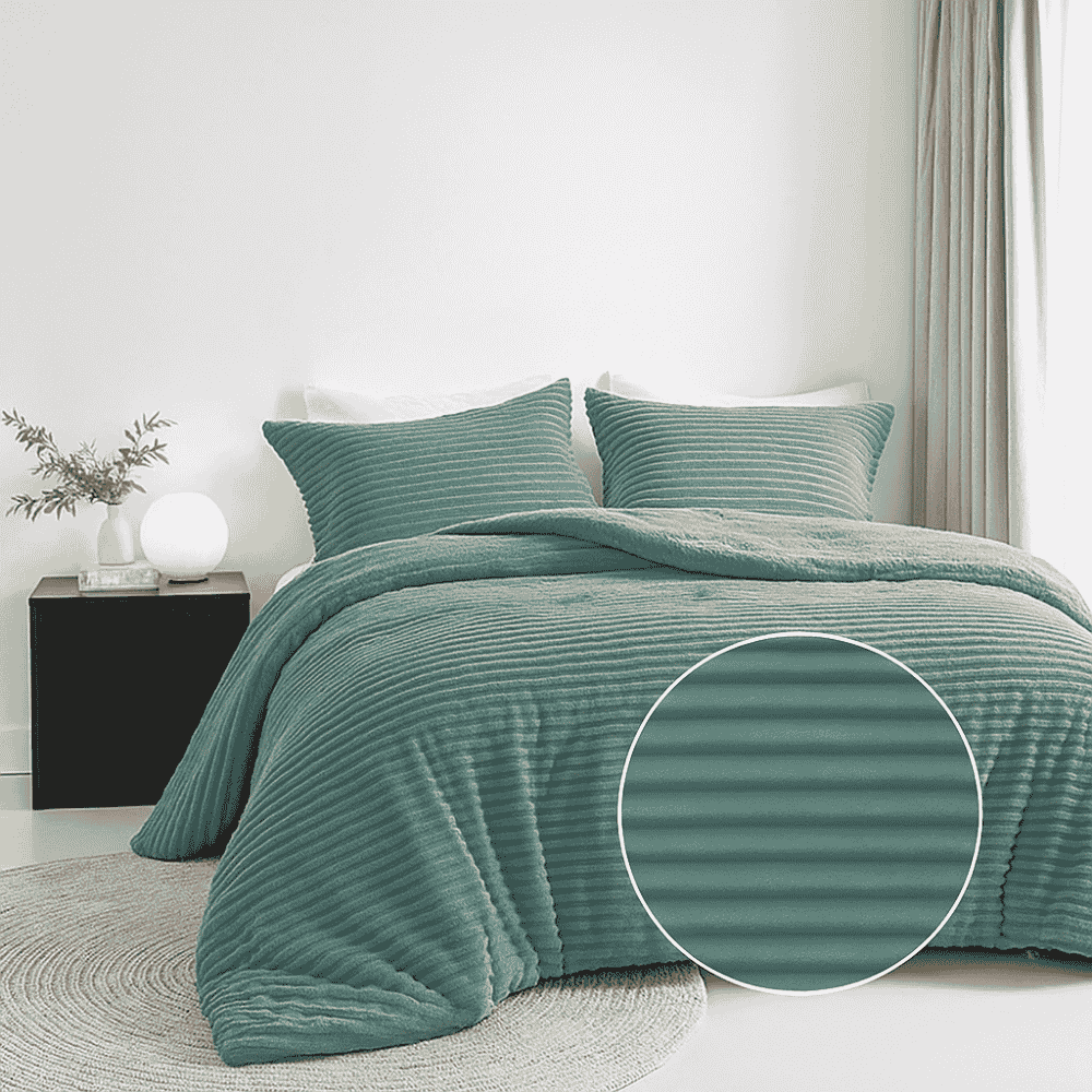 Dekbedovertrek Summer Teddy Rib - Zacht Groen - Eenpersoons (140x200 Cm) - Groen Microvezel Teddy - Strepen - Fresh And Co - Dekbed-Discounter.nl