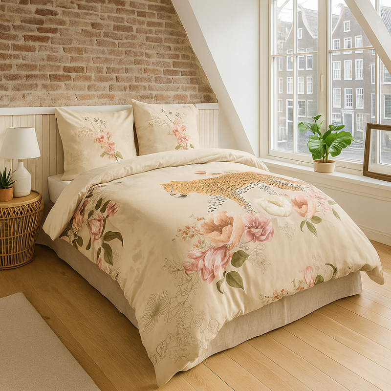 Dekbedovertrek Tiger Garden - Tweepersoons (200x200 Cm) - Beige Polyester-katoen - Natuur & Dieren - Fresh And Co - Dekbed-Discounter.nl