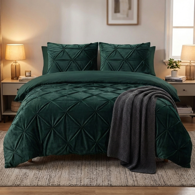 Dekbedovertrek Velvet Pintuck - Groen - Eenpersoons (140x200 Cm) - Groen Microvezel - Patroon - Sleeptime - Dekbed-Discounter.nl