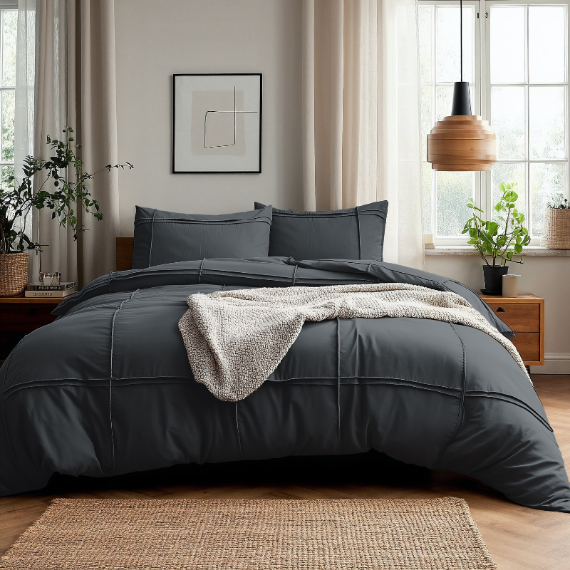 Dekbedovertrek Washed Tufted - Antraciet - Eenpersoons (140x200 Cm) - Wit Microvezel - Effen - Sleeptime - Dekbed-Discounter.nl