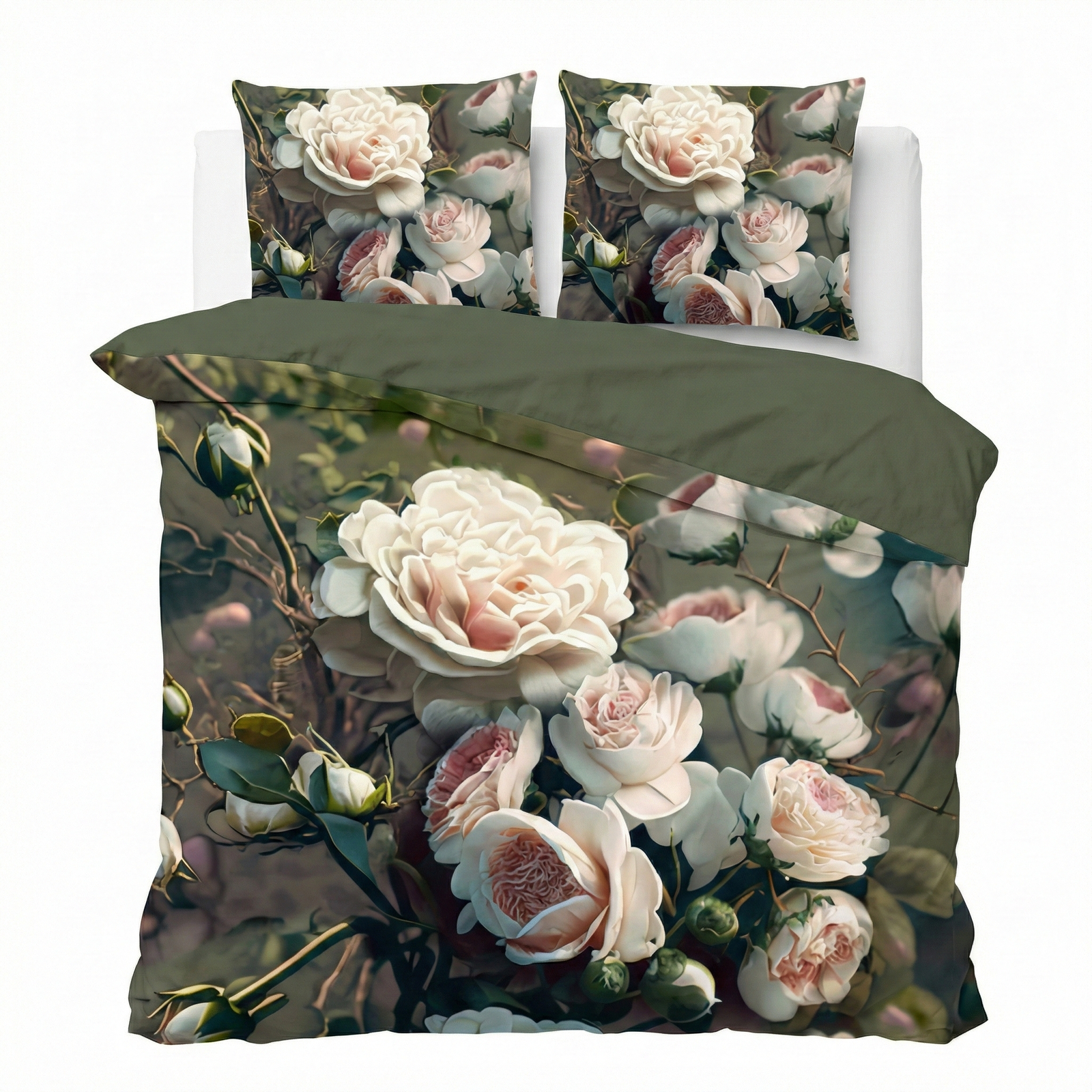 Dekbedovertrek White Roses - Eenpersoons (140x200 Cm) - Groen & Meerkleurig Microvezel - Bloemen - Pure - Dekbed-Discounter.nl