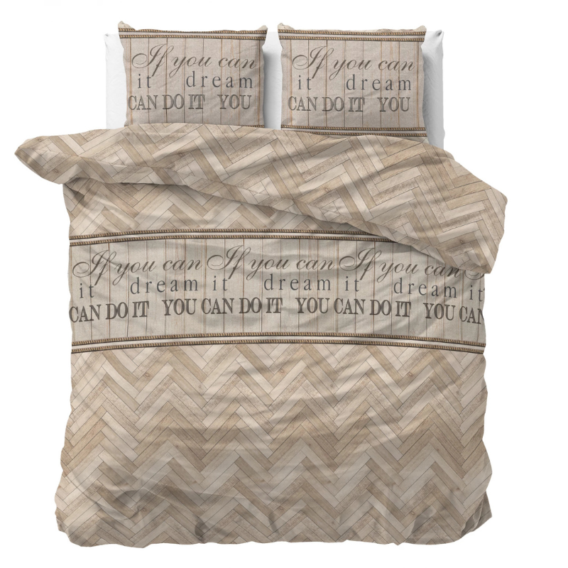 Dekbedovertrek You Can Do It - Eenpersoons (140x200 Cm) - Taupe & Bruin Polyester-katoen - Patroon & Tekst - Sleeptime Elegance - Dekbed-Discounter.nl