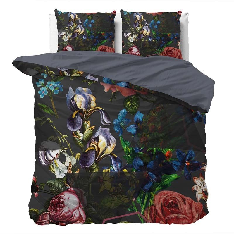 Dekbedovertrek Zina - Lits-Jumeaux (240x220 Cm) - Antraciet & Meerkleurig Microvezel - Bloemen - Manilla - Dekbed-Discounter.nl
