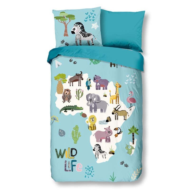 Kinderdekbedovertrek Katoen - 140x200 Cm Blauw & Meerkleurig - Dieren & Natuur & Stippen - Good Morning - Dekbed-Discounter.nl
