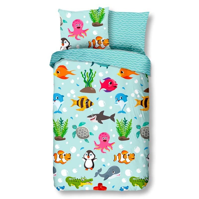 Kinderdekbedovertrek Katoen - 140x200 Cm Blauw & Meerkleurig - Natuur & Dieren & Stippen - Good Morning - Dekbed-Discounter.nl