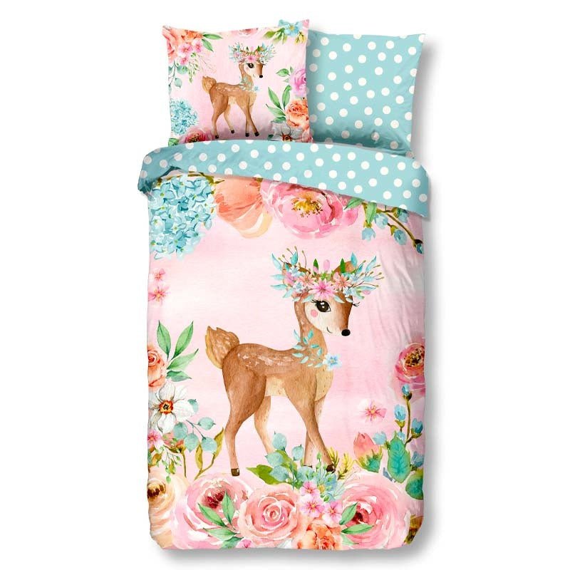 Kinderdekbedovertrek Katoen - 140x200 Cm Roze & Meerkleurig - Dieren & Stippen & Natuur & Bloemen - Good Morning - Dekbed-Discounter.nl