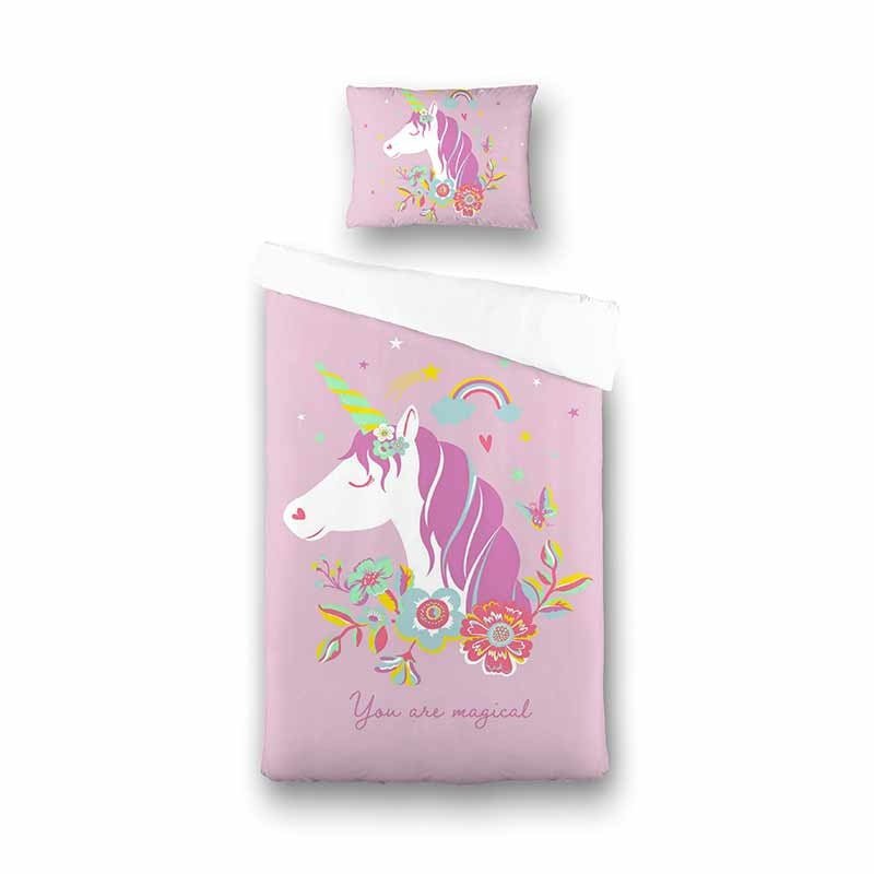 Kinderdekbedovertrek Pink Unicorn - 140x200 Cm Blauw - Dieren - Fresh And Co Kids - Dekbed-Discounter.nl