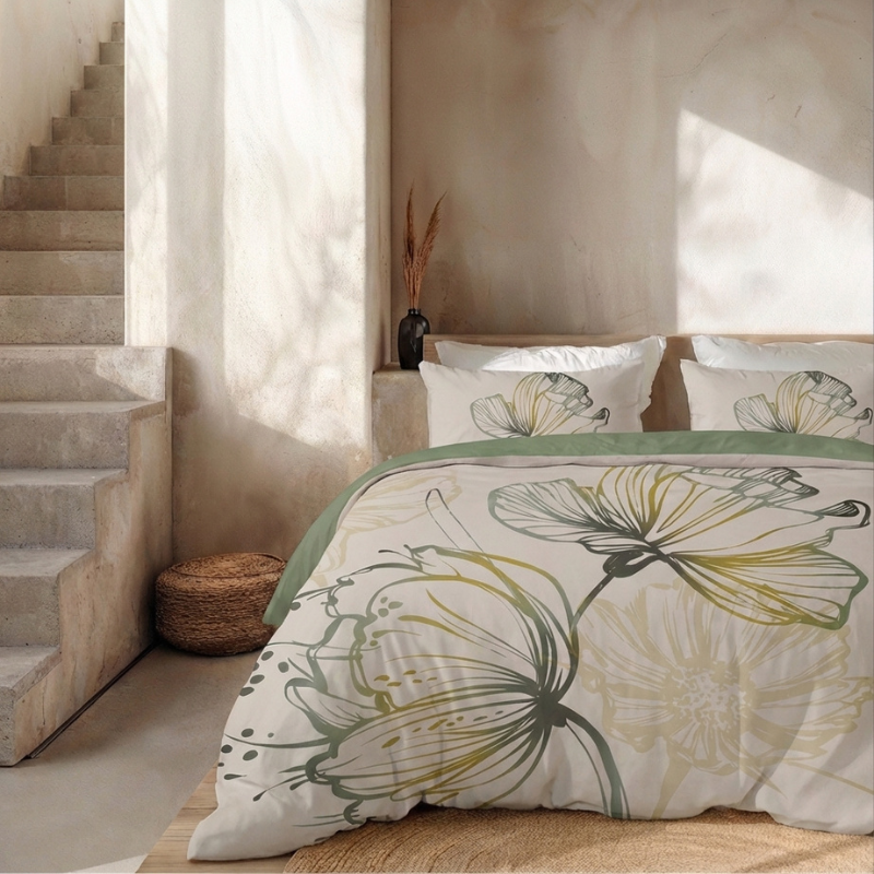 Sale: -32% | Dekbedovertrek Percale Katoen - Desert Flower - Eenpersoons (140x200 Cm) - Wit & Groen Percale Katoen - Effen - Presence - Dekbed-Discounter.nl