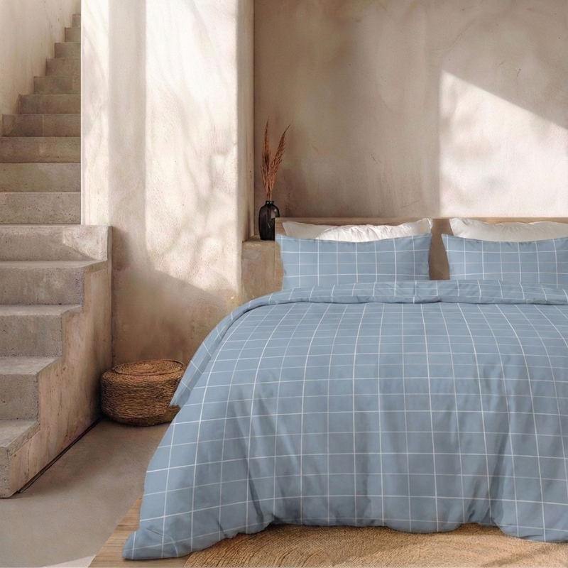 Sale: -32% | Dekbedovertrek Percale Katoen - Squared Blauw - Eenpersoons (140x200 Cm) - Blauw Percale Katoen - Effen - Presence - Dekbed-Discounter.nl