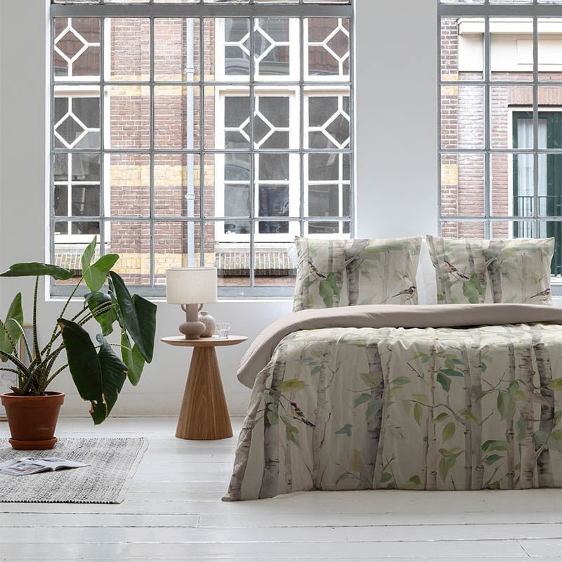 Sale: -43% | Dekbedovertrek Katoen-Satijn - Birch & Birds - Lits-Jumeaux (240x220 Cm) - Meerkleurig & Beige Katoen-satijn - Natuur & Dieren - Fresh And Co - Dekbed-Discounter.nl