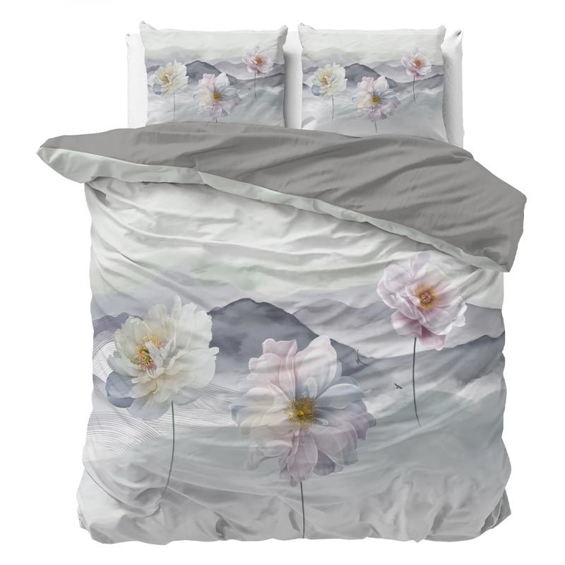 Sale: -53% | Dekbedovertrek Annique - Tweepersoons (200x200 Cm) - Grijs Microvezel - Bloemen - Sleeptime Essentials - Dekbed-Discounter.nl